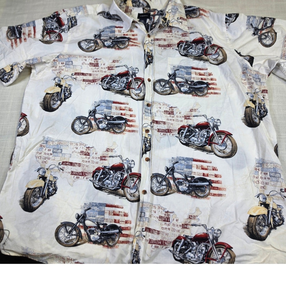 Harbor Bay Mens 3XL Motorcycle Print Button Down Shirt Short Sleeve Cream Biker